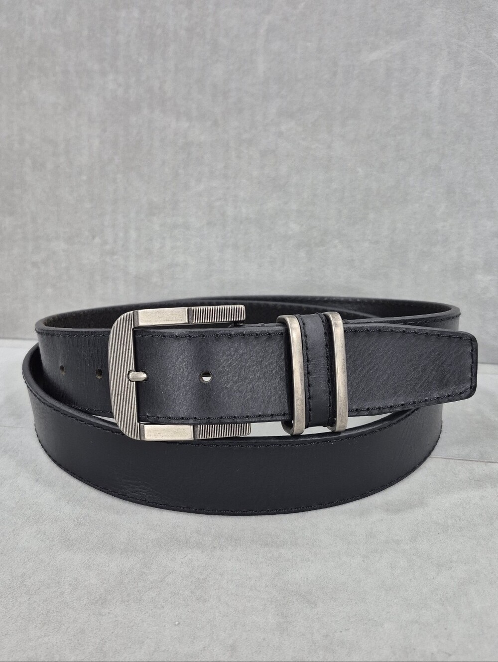Genuine Leather belt men's 42 black antiqued brushed silvertone buckle